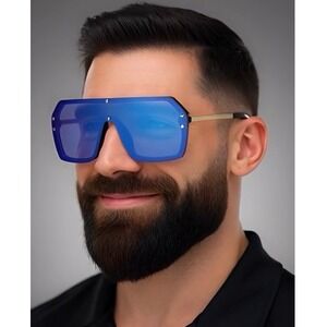 Shield Men Sunglasses Blue Mirrored Lens Rivets Accents Fashion Lentes Gafas New